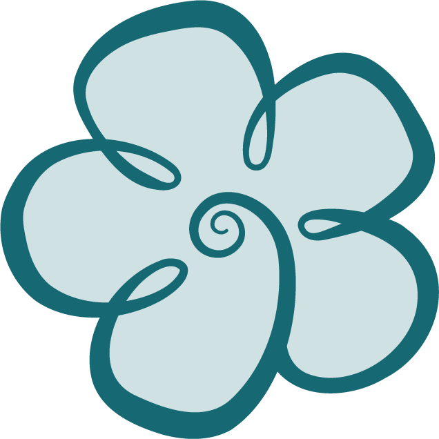 Stylised buttercup flower illustration with five rounded petals and dark teal outlines on a transparent background.
