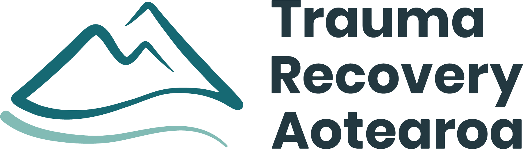 The logo for "Trauma Recovery Aotearoa" features a stylized mountain outline in teal, accompanied by a light blue curved line beneath it, representing a river. The organization's name is written in bold, dark teal text to the right of the graphic, with "Trauma Recovery Aotearoa" stacked.
