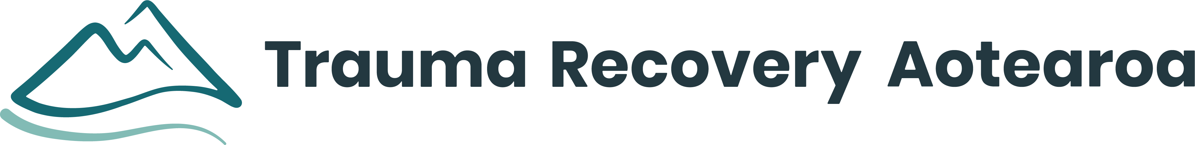 The secondary logo for "Trauma Recovery Aotearoa" features a stylized mountain outline in teal, accompanied by a light blue curved line beneath it, representing a river. The organization's name "Trauma Recovery Aotearoa" is written in bold, dark teal text to the right of the graphic.
